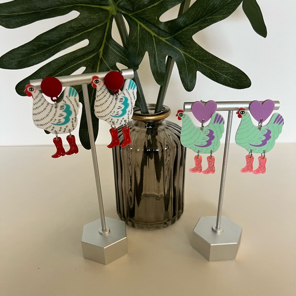 1970's Inspired Chicken in Boots Dangle Earrings - Colorful Retro Drop Earrings